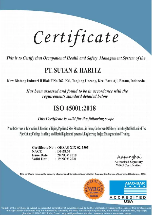 PT. SUTAN & HARITZ — ISO 45001:2018 Certificate