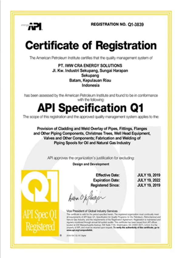 PT. IWW CRA Energy Solutions — API Specification Q1 Certificate of Registration