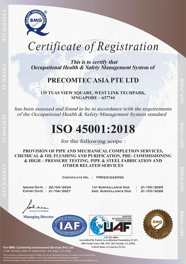PRECOMTEC ASIA PTE LTD — ISO 45001:2018 Certificate of Registration